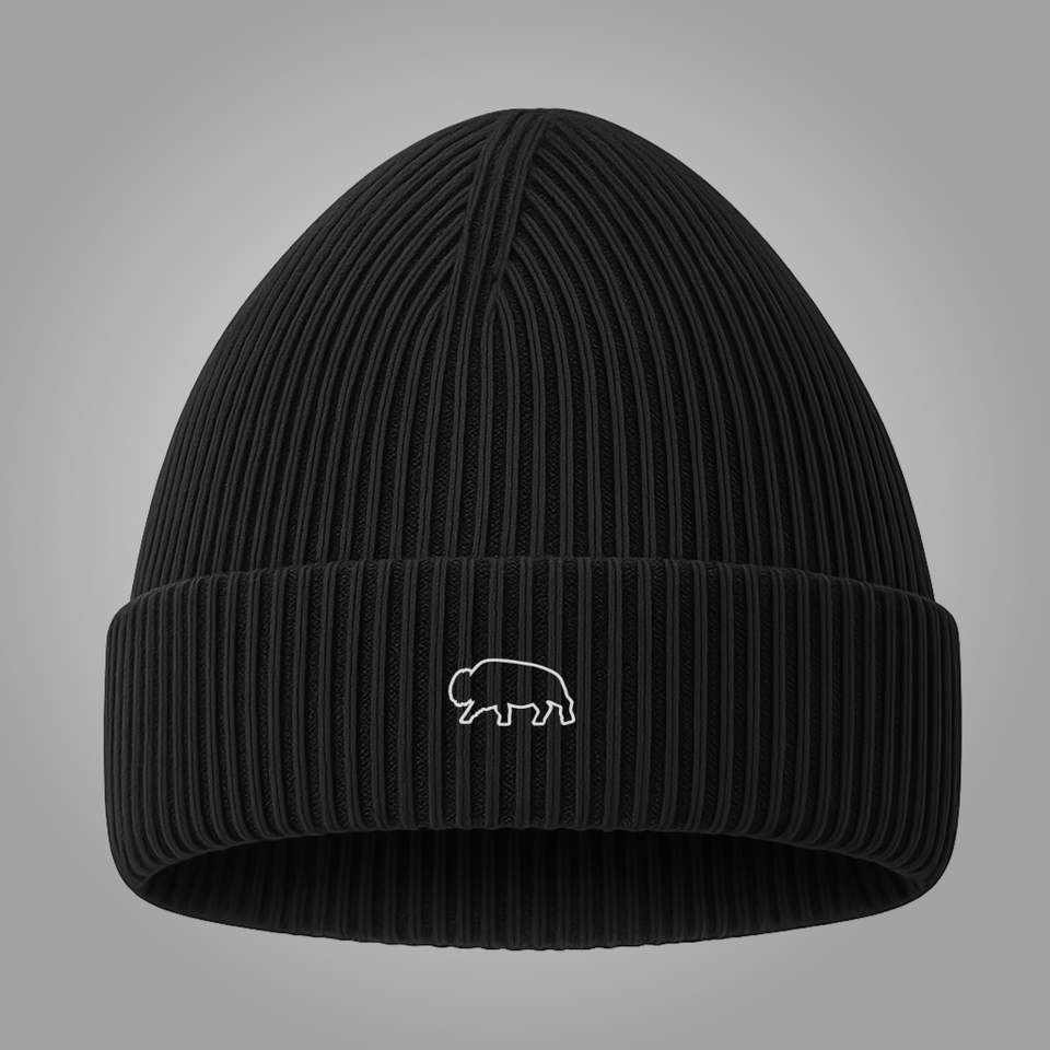 Black breitung beanie with a small logo on a gray background