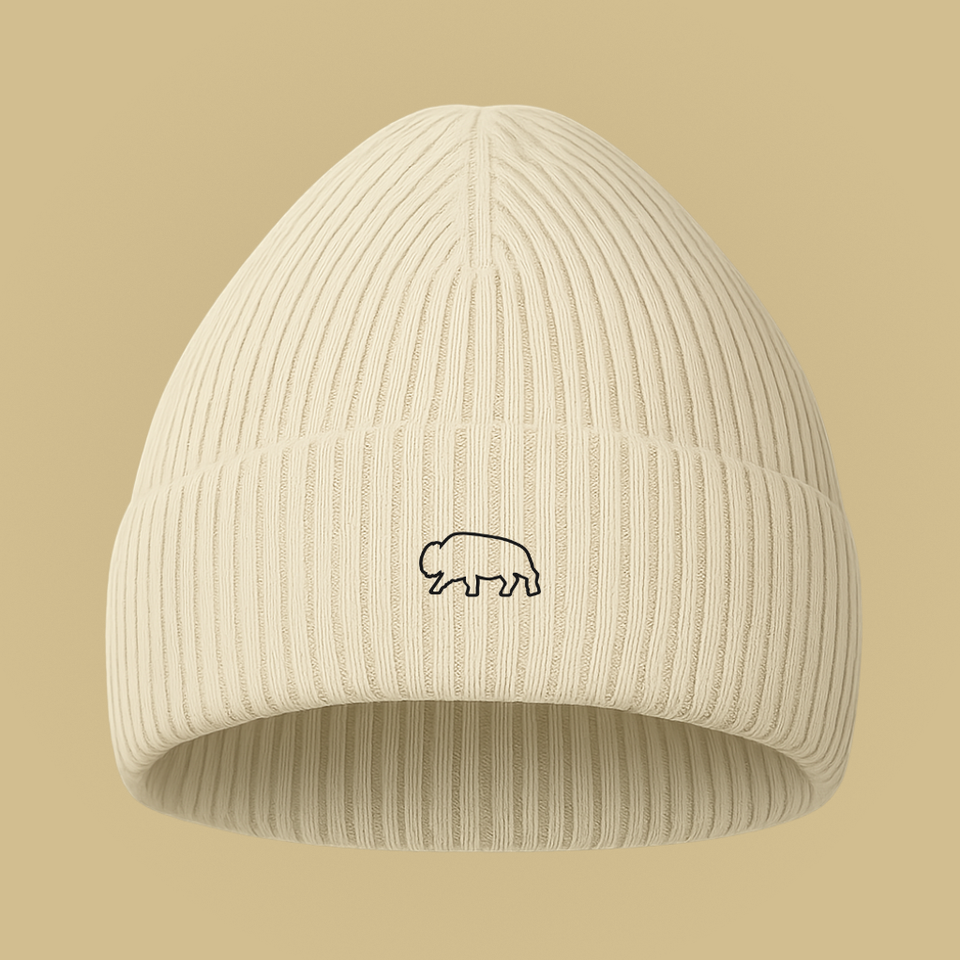 Beige Breitung beanie with a small withe bison ouline logo on a beige background