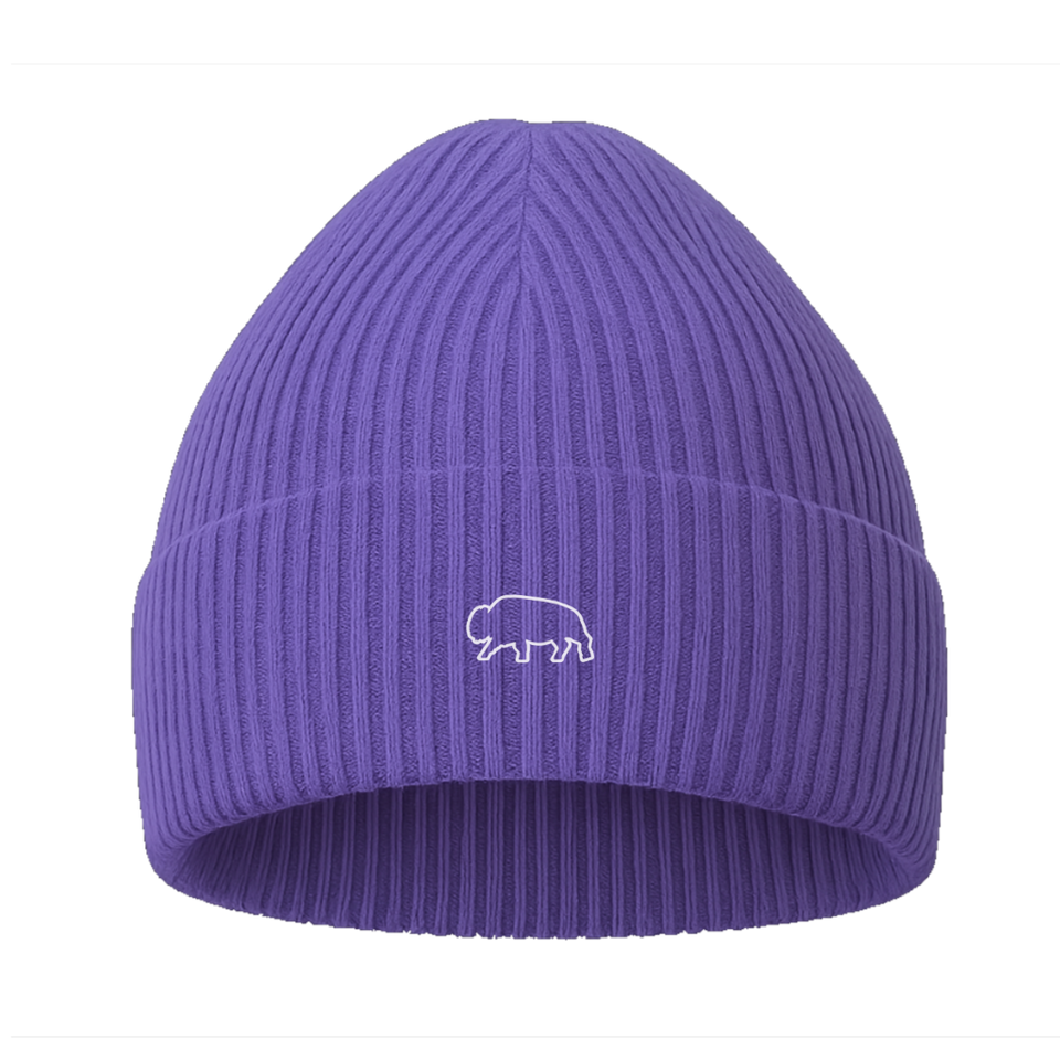 Purple breitung beanie with a white bison ouline logo on a transparent background