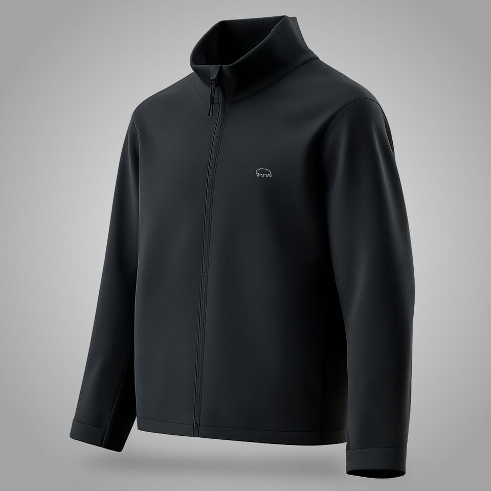 Black Breitung jacket with a Bison Outline logo on a gray background