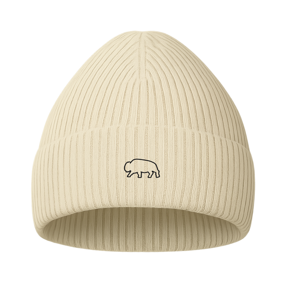 Beige breitung beanie with a small bison ouline logo on a transparent background