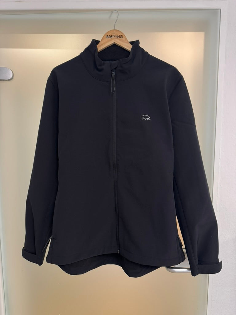 Black Breitung jacket with a logo on a hanger against a neutral background