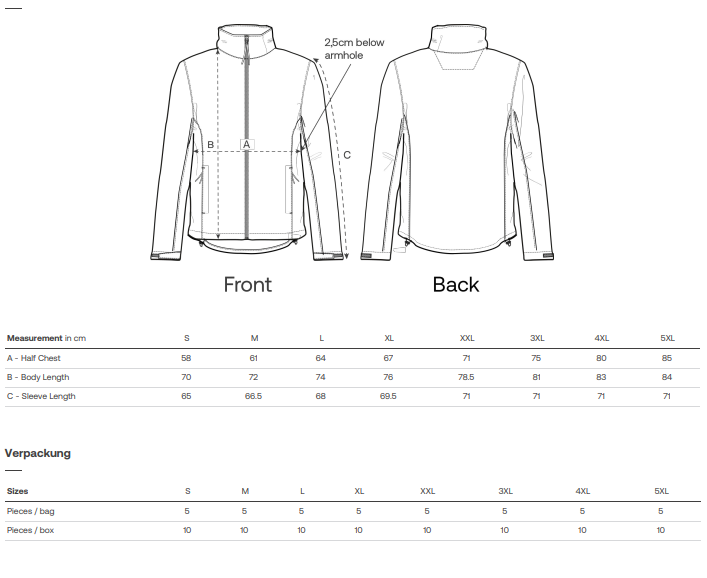 Measurement chart for a jacket showing front and back views with size dimensions.