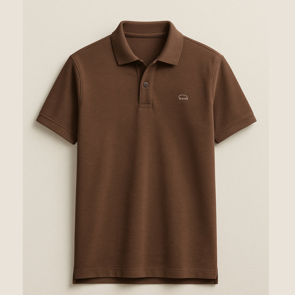 Brown polo shirt with a small logo on a beige background