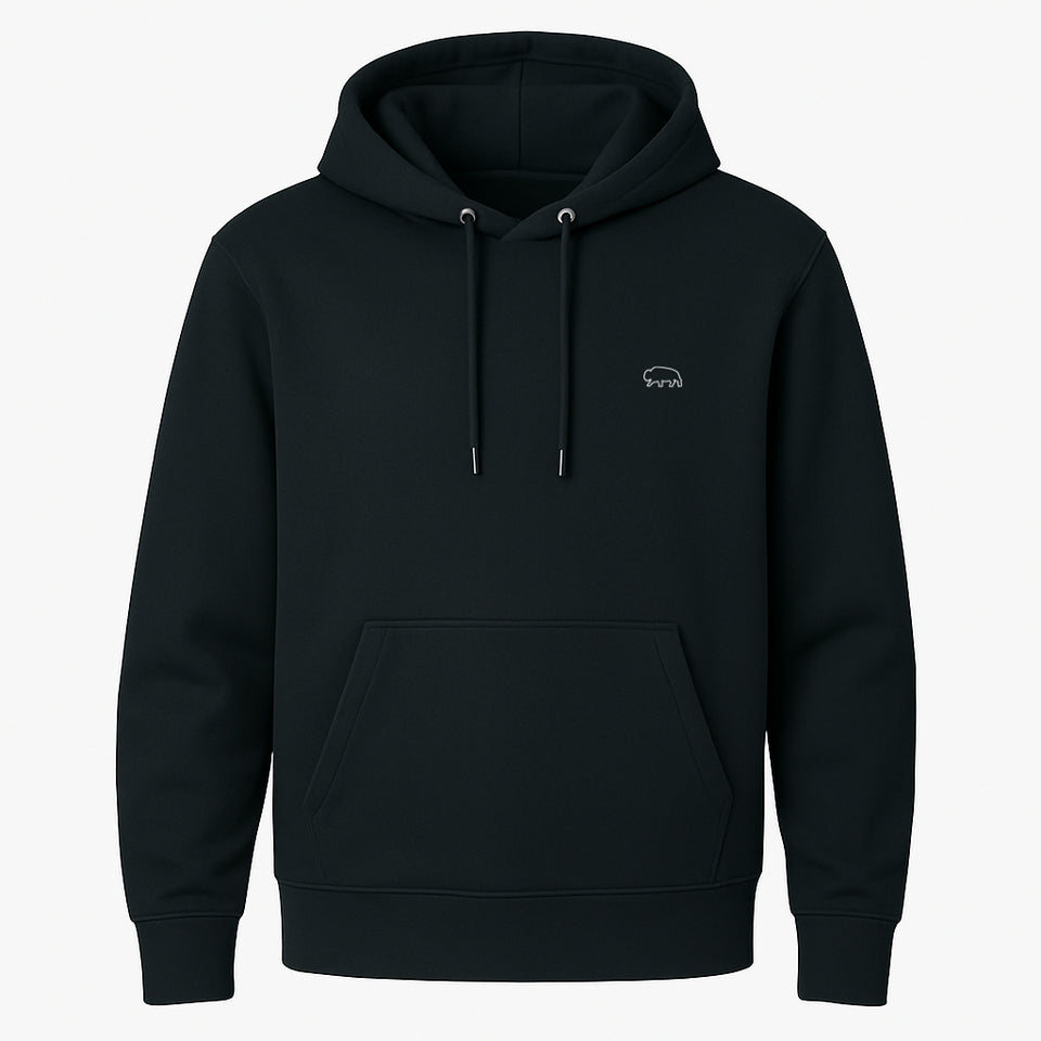 Black hoodie with a small bison logo on the chest with white background