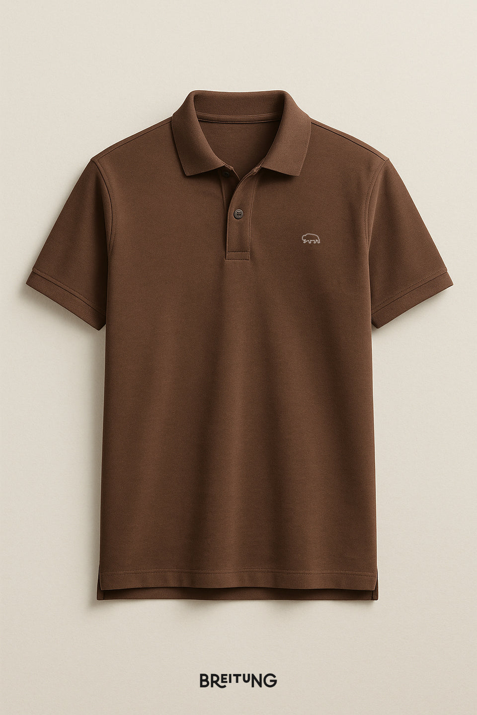 Brown polo shirt with a logo on a beige background