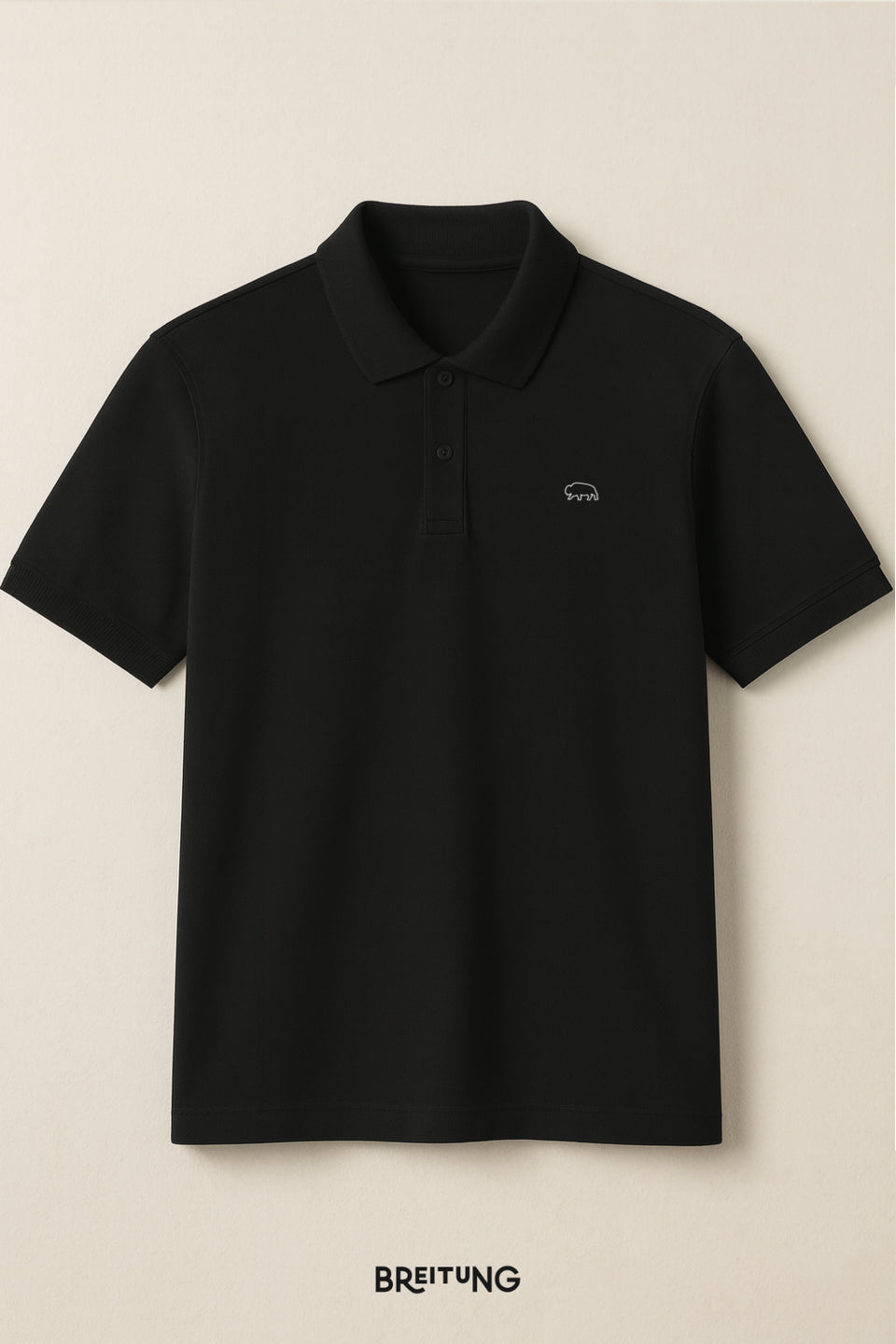 Black Breitung polo shirt with a small bison ouline logo on a white background
