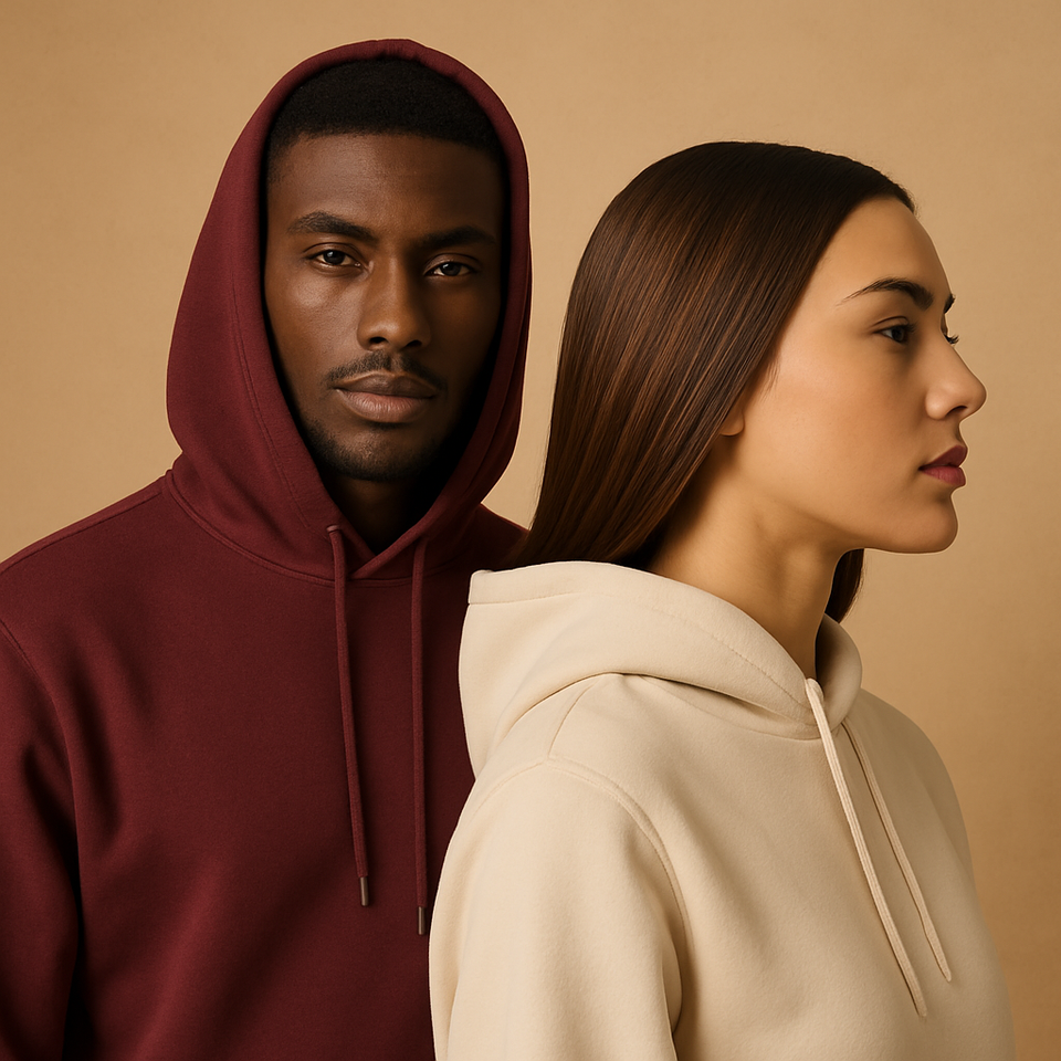 Two people wearing breitung hoodies against a beige background
